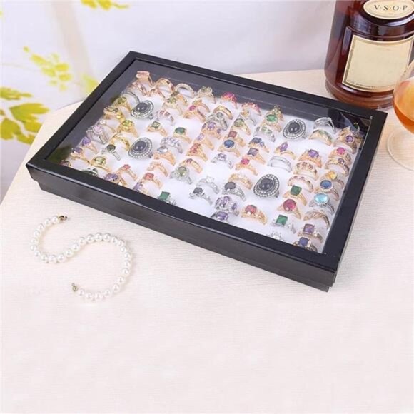 Jewelry Rings Display Tray – Velvet 100 Slot Storage Box - Picture 5 of 7